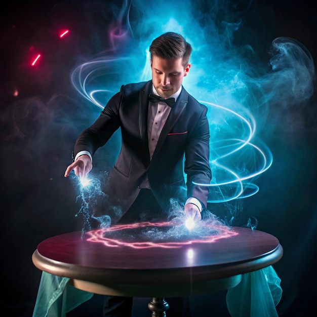 a man in a tuxedo is standing next to a table with a table with a table with a table with a table with a table with a table with a tablecloth on it