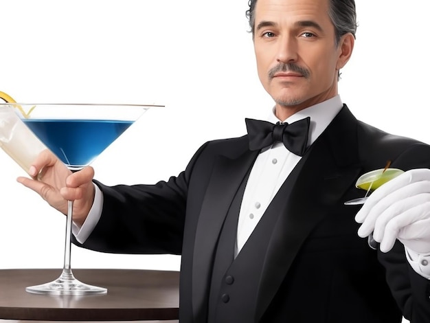 a man in a tuxedo serving two martinis