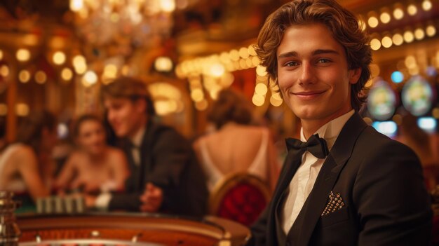 Photo man in tuxedo sitting at casino table