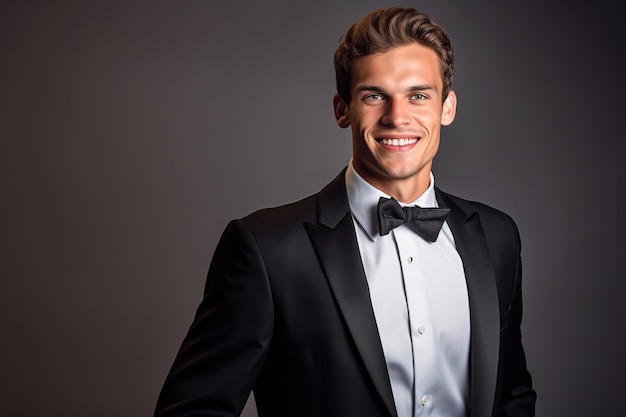 A man in a tuxedo smiles for the camera.