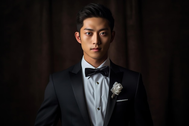 A man in a tuxedo stands in front of a dark background.