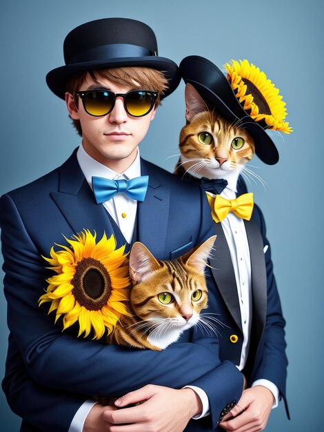 A man in a tuxedo with a cat on his shoulder.