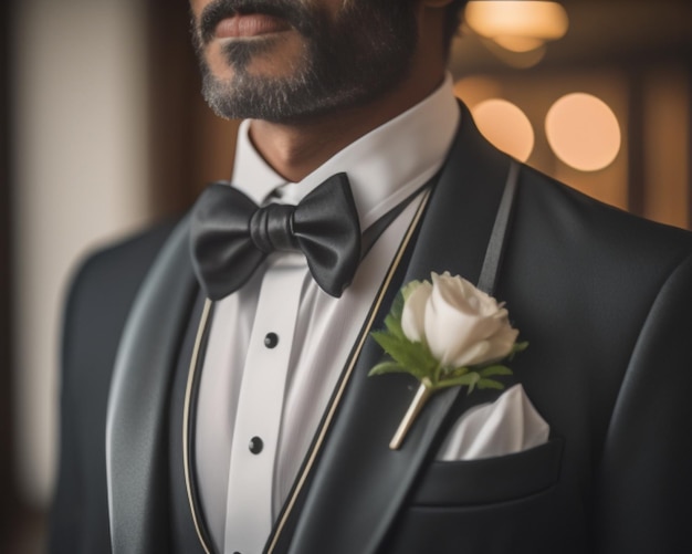 Photo a man in a tuxedo with a flower on his lapel.