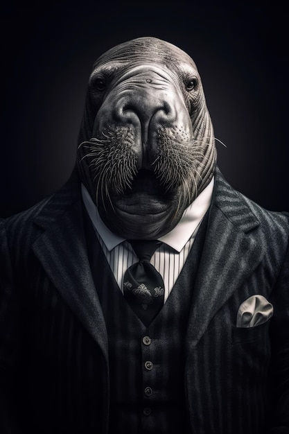 A man in a tuxedo with a tuxedo and a tie that says walrus.