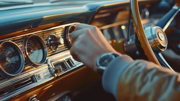 A man twists the volume in a retro toning car