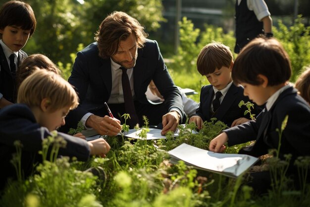 Photo a man and two boys are sitting in a garden with plants and flowers