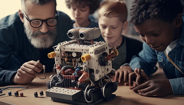 a man and two boys playing a robot with a robot on the table