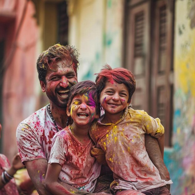 a man and two children are covered in paint