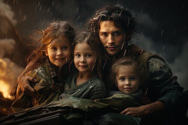 Photo a man and two children are holding a gun and smiling