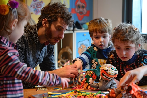 Foto un uomo e due bambini stanno giocando con un giocattolo