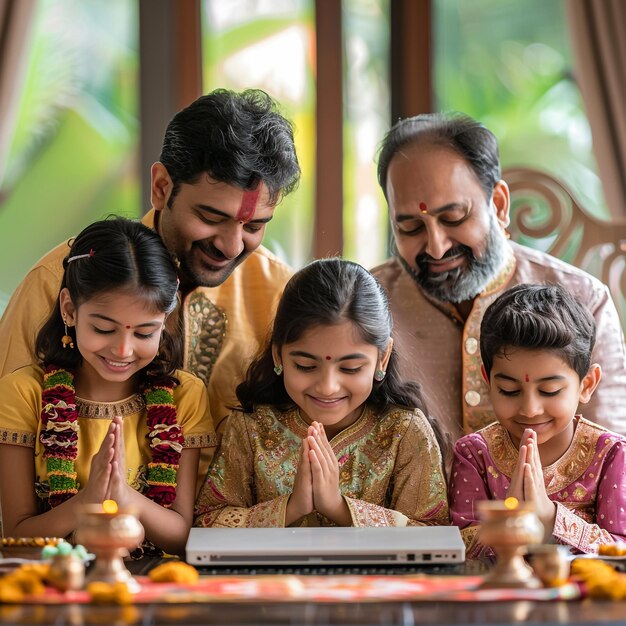 Photo a man and two children are praying at a table with a sign that says quot hija quot on it