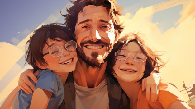 Мужчина и двое детей улыбаются в камеру.