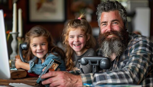 a man and two children are smiling and one has a picture of a man and a girl with a camera