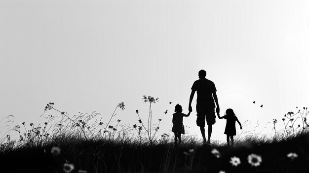 a man and two children are standing in a field with flowers in the grass