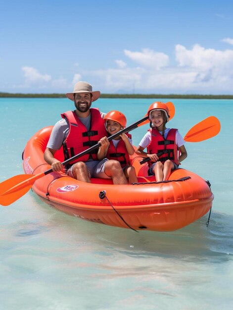 a man and two children in an inflatable raft