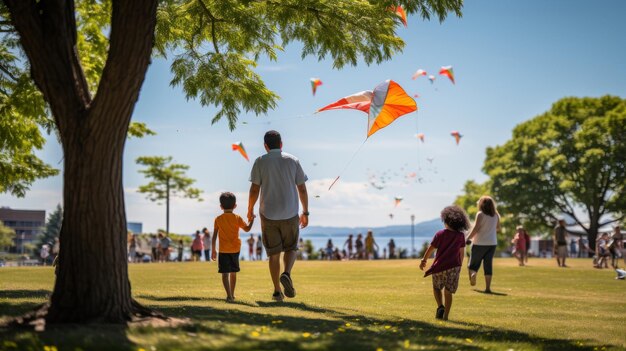 한 남자 와 두 자녀 가 그림 같은 공원 에서 기게 Kite 를 날리고 있다