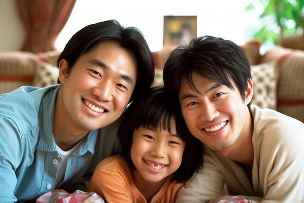 Photo a man and two children laying on a couch