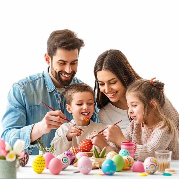 Man and Two Children Painting Easter Eggs