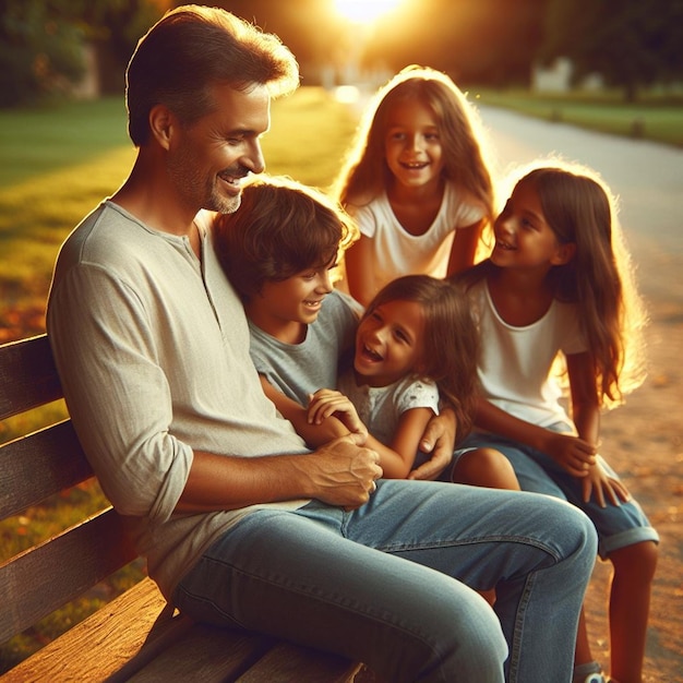 Photo a man and two children sit on a bench with the sun behind them