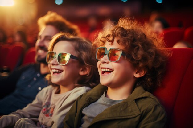 Photo a man and two children smiling while watching a movie