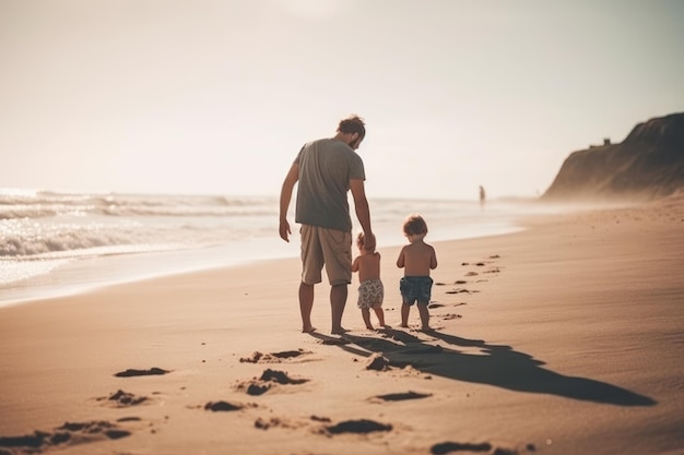 男性と 2 人の子供がビーチに立ち、手をつないで海を眺めています。