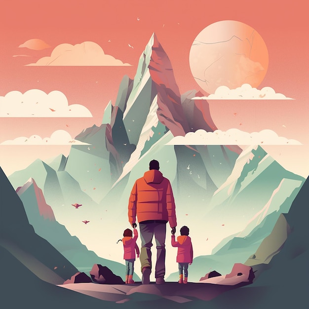 A man and two children stand on a mountain top.