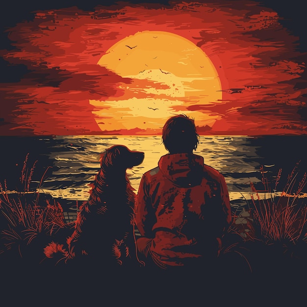 a man and two dogs are sitting in front of a sunset