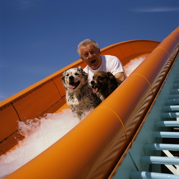 Photo a man and two dogs are in a slide that says 