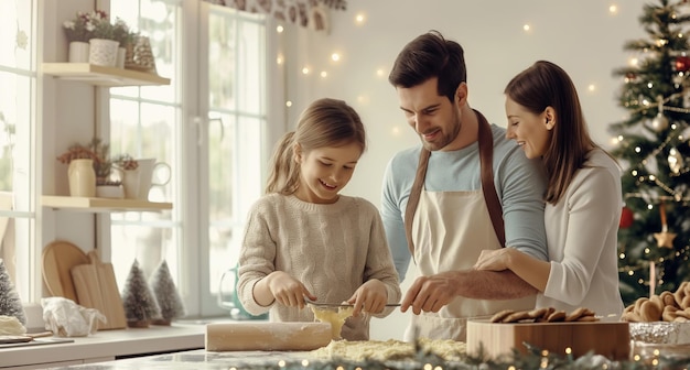 Man and Two Girls Cooking in Kitchen