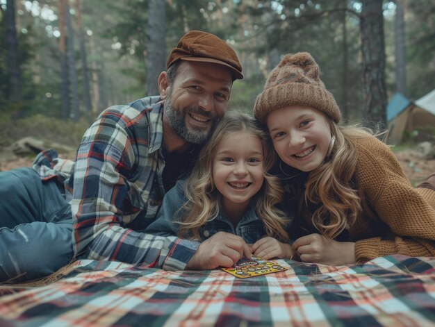 Photo man and two girls laying on blanket in woods