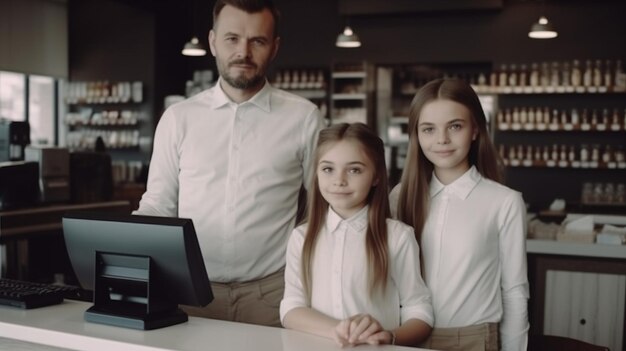 A man and two girls stand in front of a cash register.