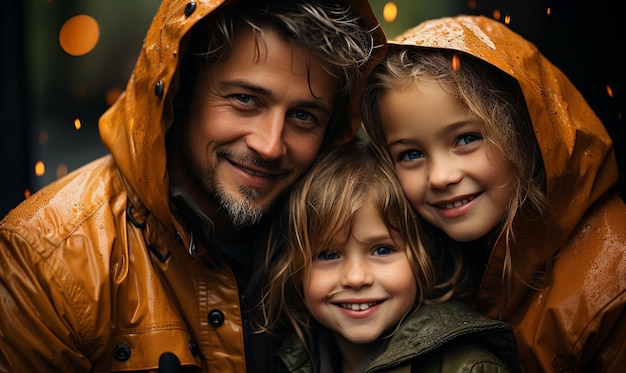 Man and Two Little Girls in Rain Coats