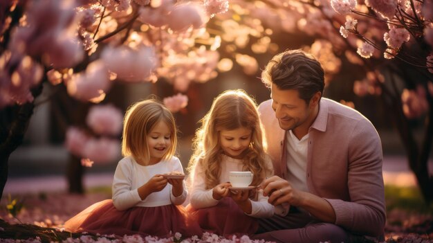 A man and two little girls sitting peacefully on the ground enjoying each others company