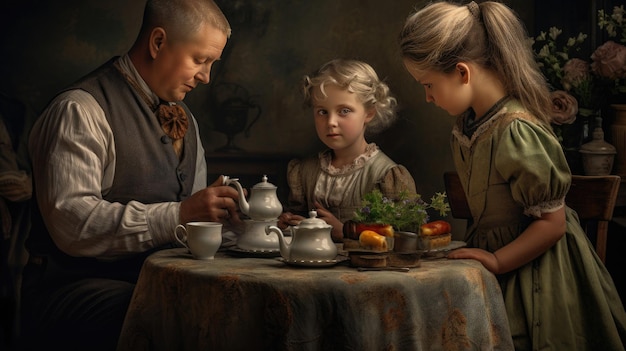 A man and two little girls sitting at a table