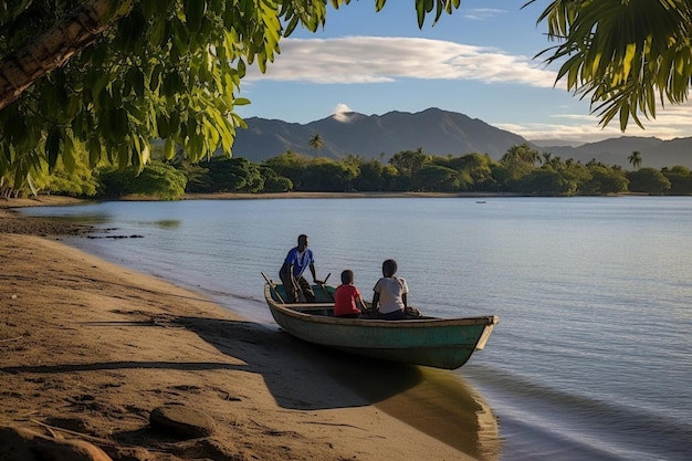 Photo a man and two women are sitting in a boat on the shore