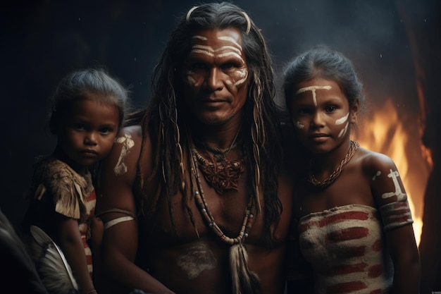 Photo a man and two young girls standing in front of a fire this image can be used to depict family bonding camping trips or cozy outdoor gatherings