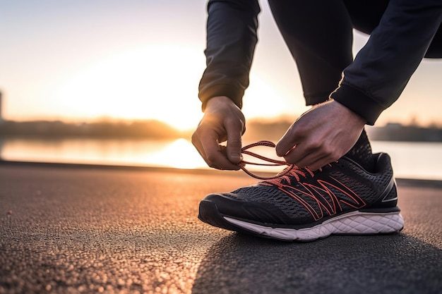 Man tying jogging shoes at outdoors in the morning Generative AI