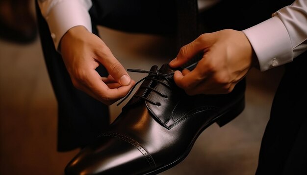 a man tying a shoe on a table