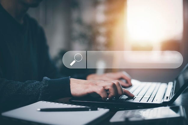 man type tablet and searching browsing internet data information with blank search bar man's hands are using smartphone and keyboard to searching for information using search console with website