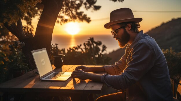 Man typing on computer at sunrise