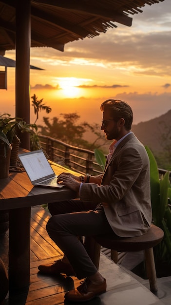 Man typing on computer at sunrise