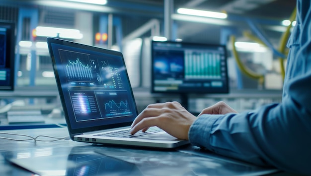 Man typing on laptop in factory