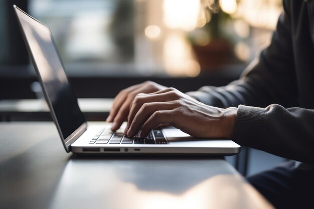 Man typing on laptop in low light