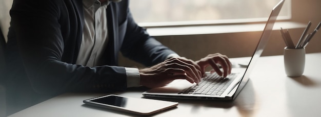 A man typing on a laptop with a phone next to him.