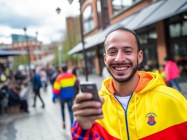 man uit Colombia die smartphone gebruikt voor online communicatie