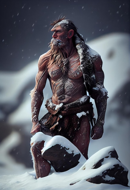 Man uit het stenen tijdperk die onder de sneeuw jaagt