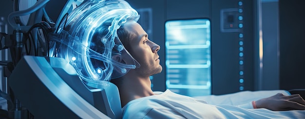 Man undergoing brain scan with scanning helmet in research lab in tomograph