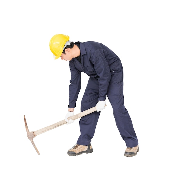 Man in uniform hold old pick mattock that is a mining device
