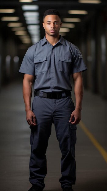 Photo a man in a uniform is walking down a hallway