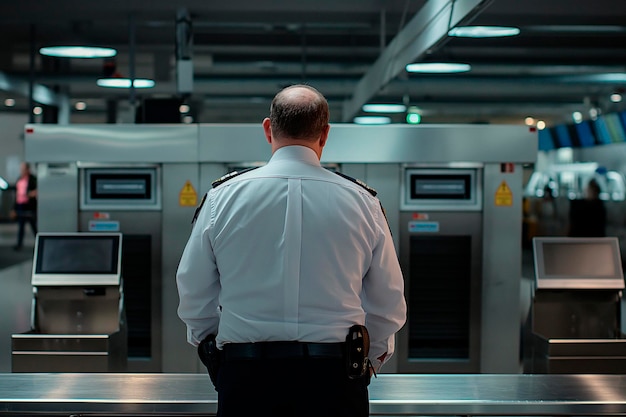 A man in uniform standing at a checkpoint counter and watching a baggage xray monitor